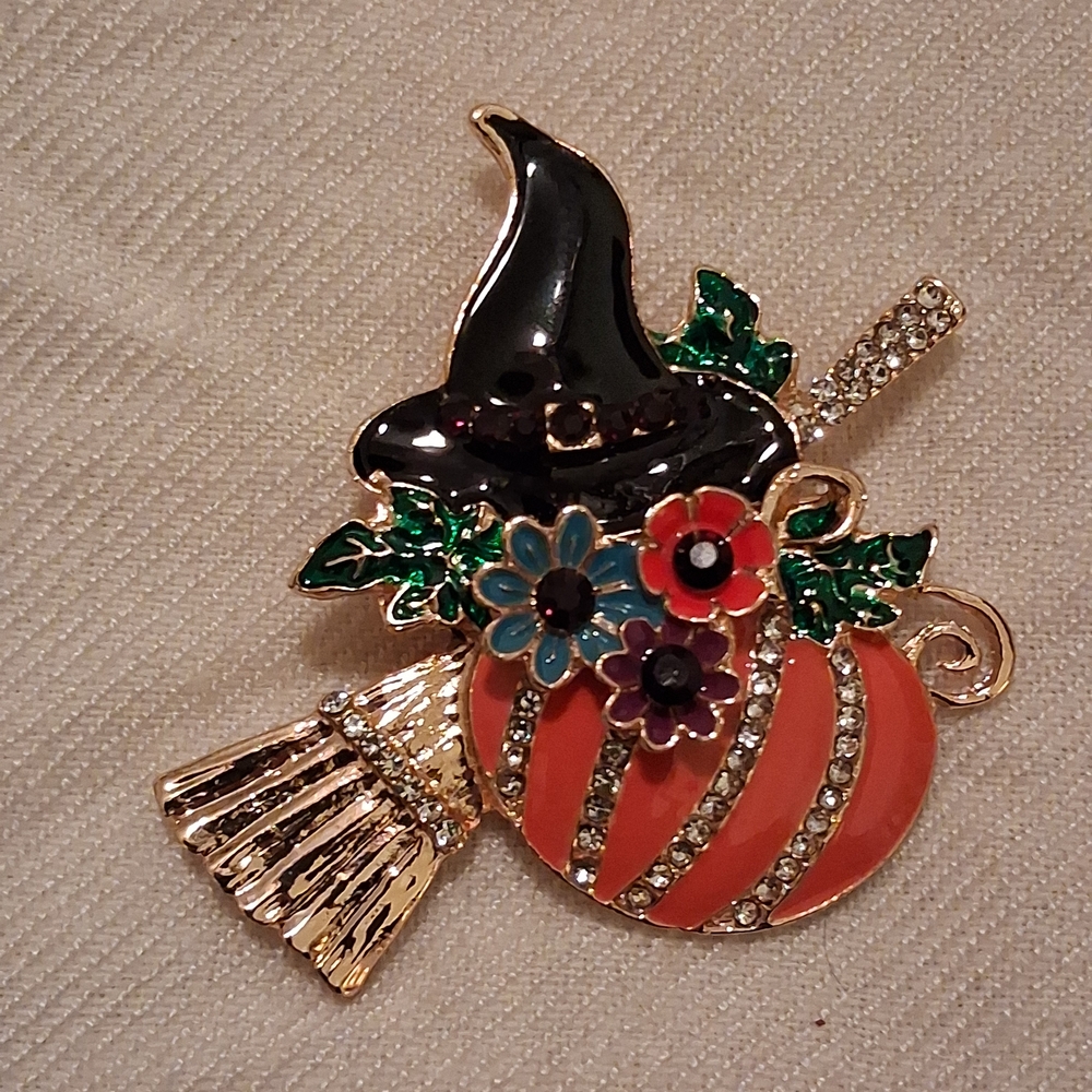 Halloween Witch Hat Brooch with Pumpkin, Broom, and Flowers